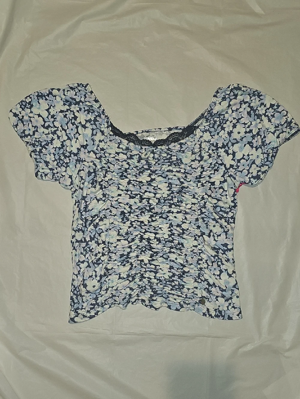 Justice Girls XL 16/18 Navy, White Floral Short Puff Sleeves Ruched Crop Top New